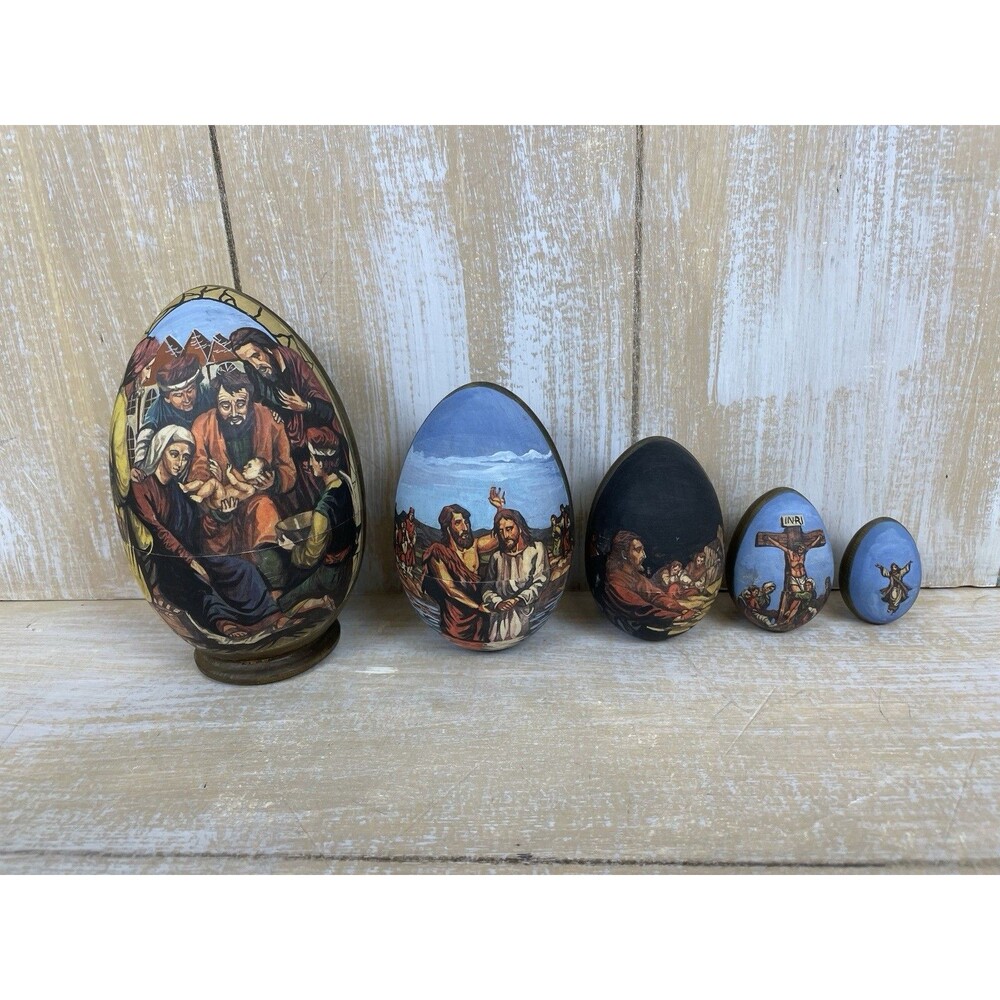 Nativity Hand Painted Wooden Nesting Egg 5 Pc. w/ Cyrillic Russian Scripts